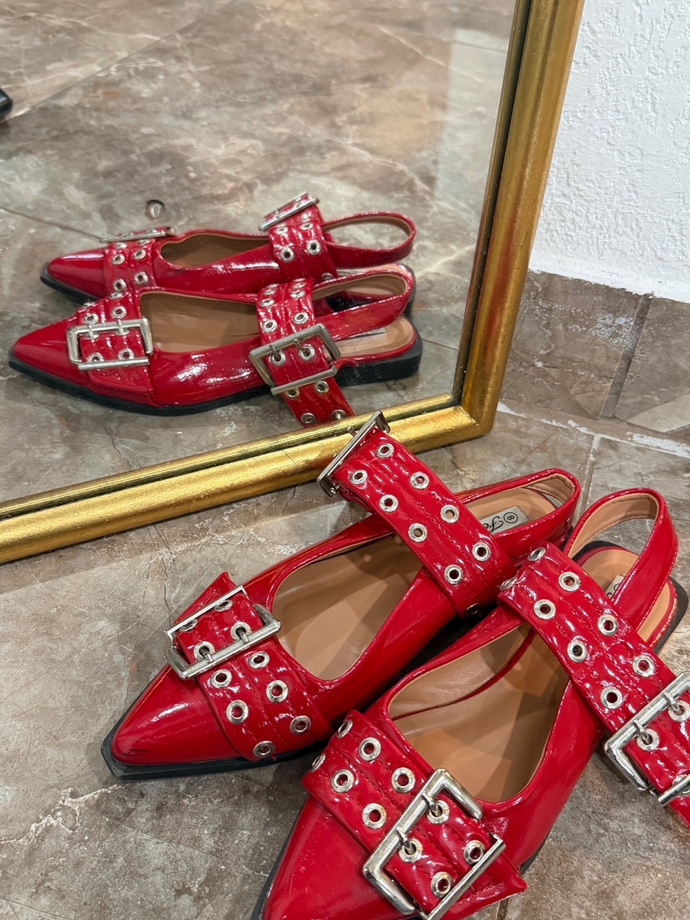 Forever Link Red Patent Buckle Slingback Flats